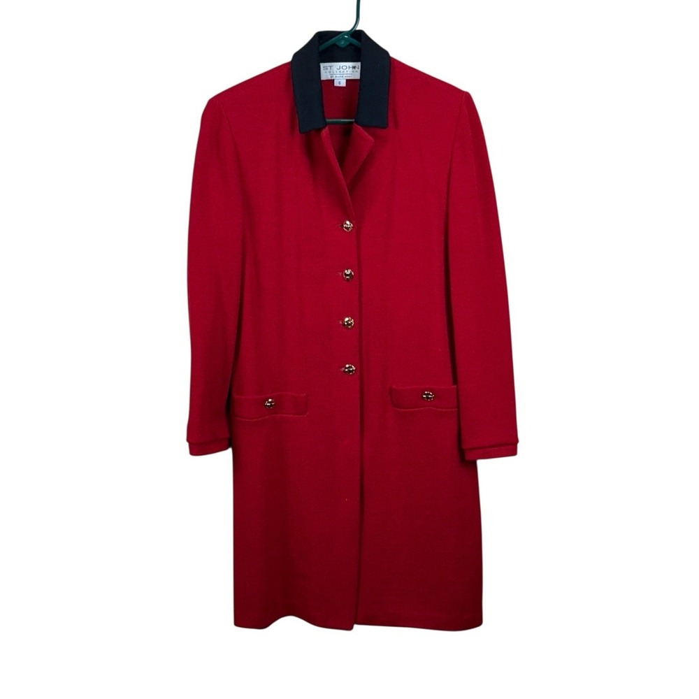 St John Collection Long Knit Jacket Red Black Collar Gold Metal Sz 6 Classic
